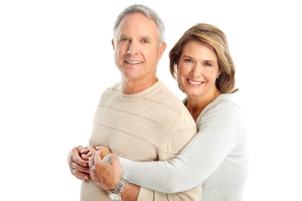 Happy elderly couple in love. Isolated over white background